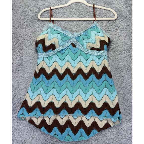 Vtg 90s Y2k Rampage Large Tank Top Babydoll Crocheted Blue Green 70's Lace Fariy - Picture 4 of 12